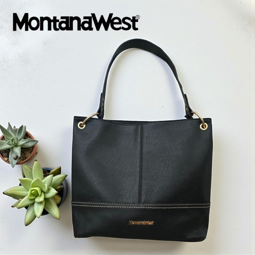 Montana West Black Faux Leather Hobo Tote with Gold Hardware